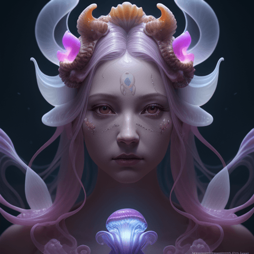 AI generated: Goddess close-up portrait ribcagel. jellyfish phoenix head, nautilus, orchid, skull, betta fish, bio...