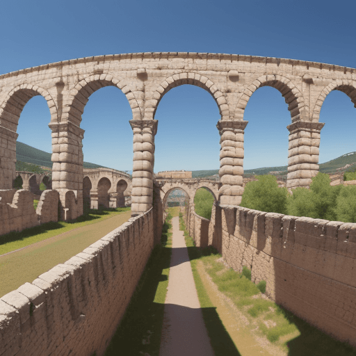AI generated: Panoramic view of a Roman aqueduct, such as the Segovia Aqueduct.