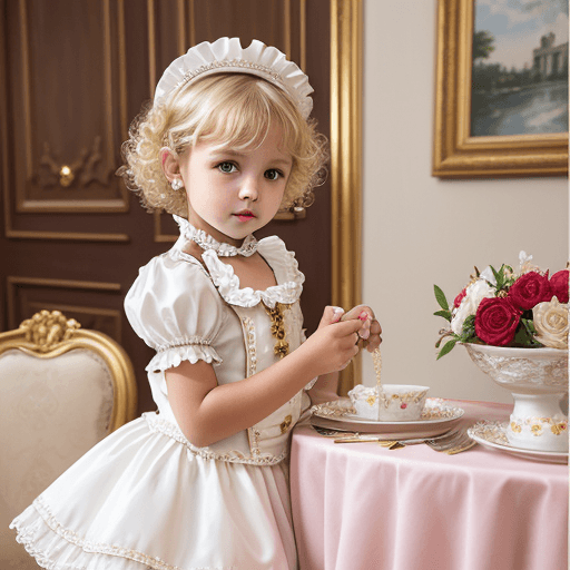 AI generated: Blonde curly short hair,very heavy suntanned skin ,Little smallkid, 5-7 years old maid costume,intri...