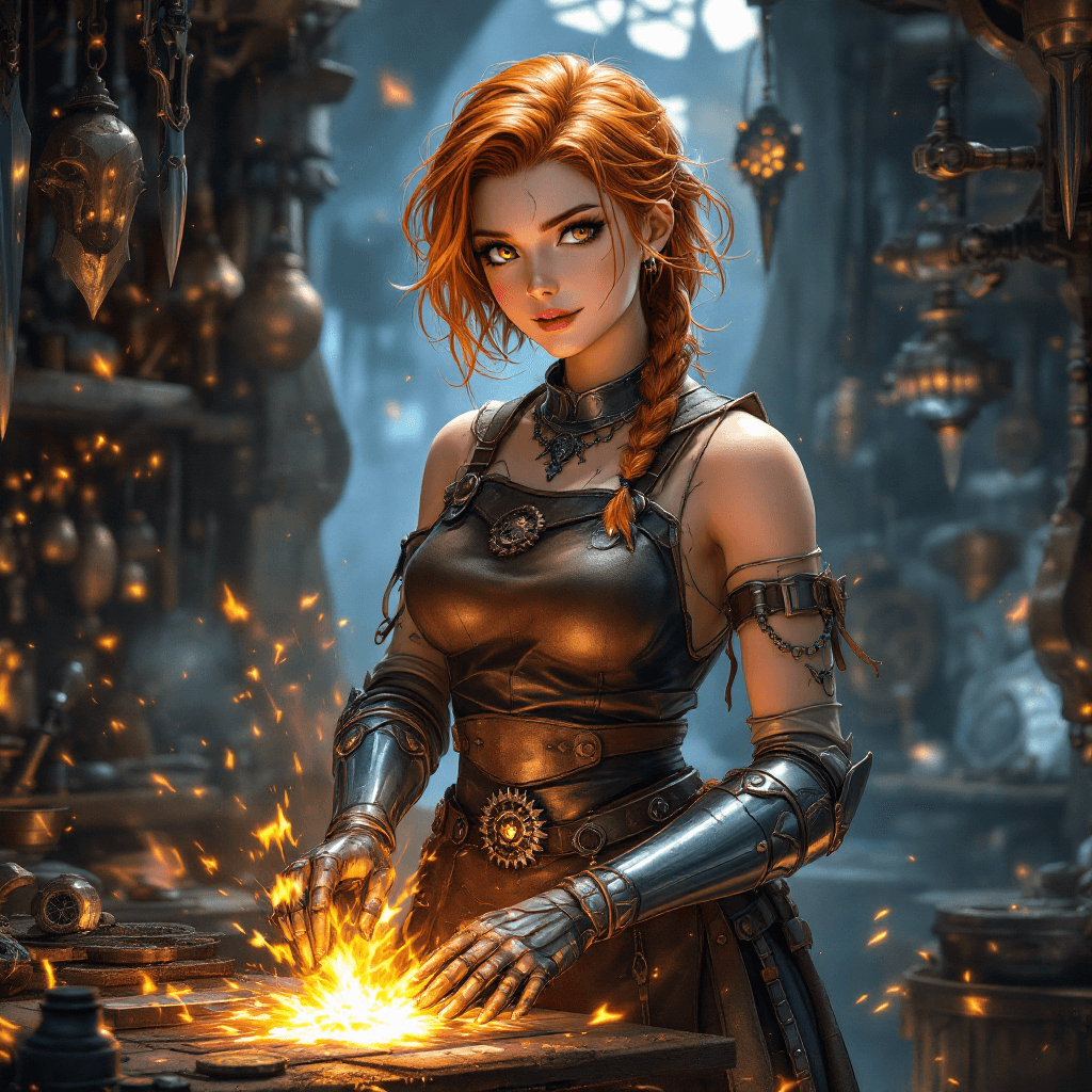 AI generated: 9. The Celestial Armorer: A powerful artisan with short, vibrant copper hair often styled in practic...