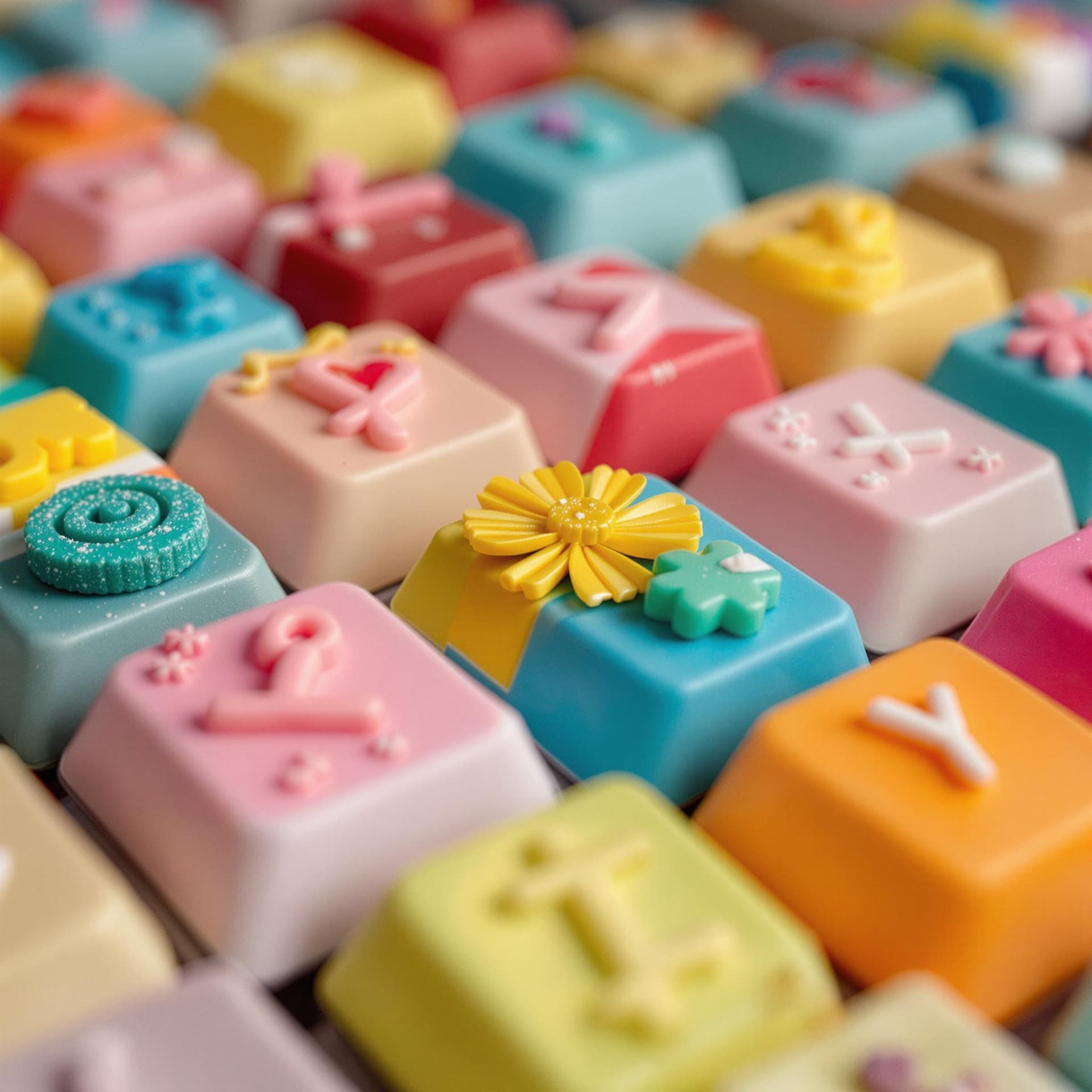 AI generated: The keys of the keyboard are made of three-dimensional candies of different shapes and colors.
