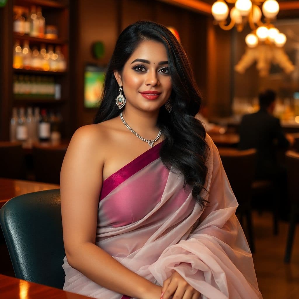 AI generated: curvy indian wearing transparent saree, sitting at bar