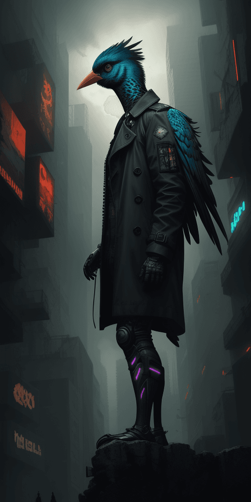 AI generated: male, anthro avian bird, beak, comic book, outdoor city, detailed ,standing, dramatic, heavy atmosph...