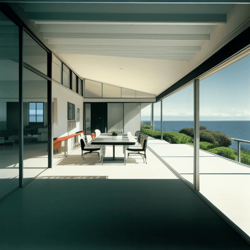 AI generated: Hyper realistic eye level exterior photo of a mid century modern style house overlooking the ocean, ...