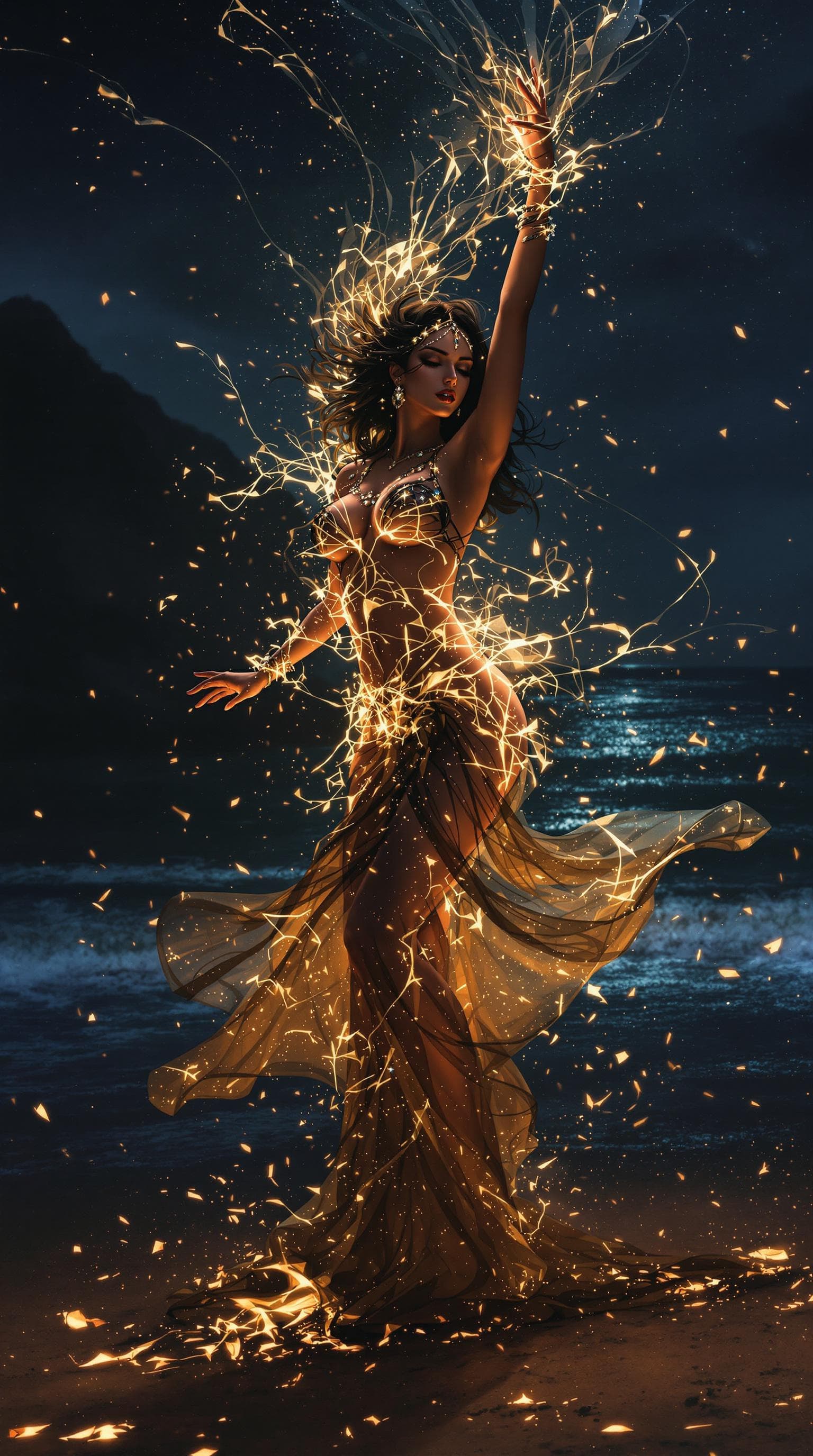 AI generated: dancer with jewelry at night on the beach by the fire in the style of magali villeneuve, eve ventrue...