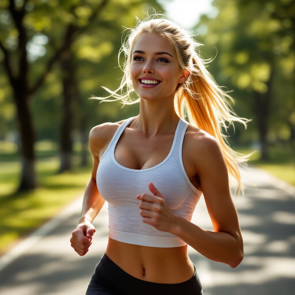 AI generated: a beautiful blonde woman doing cardio running, big breasts, athletic body, 25s, hair straight long a...