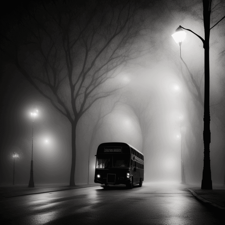 AI generated: photo of one large black bus with big tires in the street, spooky silhouette driving, bright lights,...