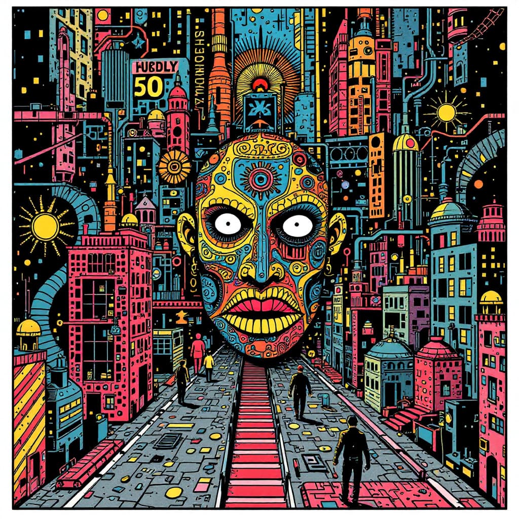 AI generated: cartoon with a colorful face surrounded by a city, in the style of tim doyle, industrial forms, pack...