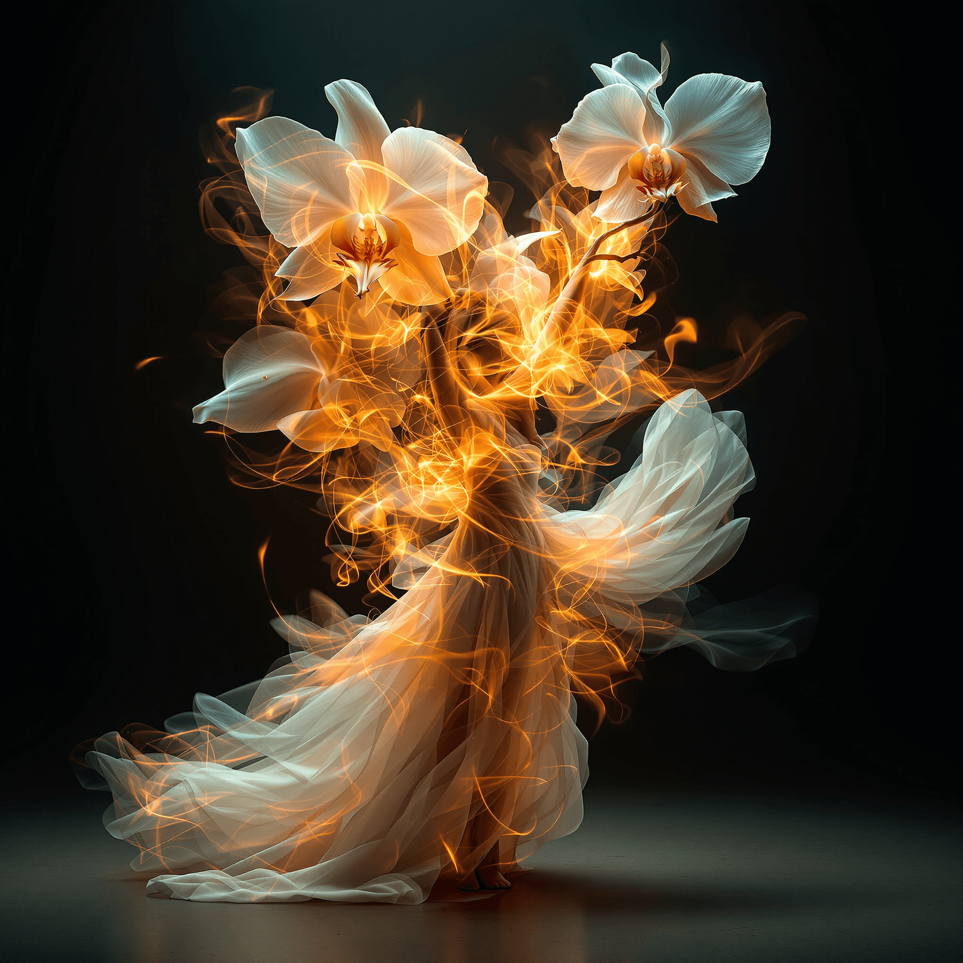 AI generated: triple exposure photograph of an ethereal dancer in flowing fabrics surrounded by large orchid petal...