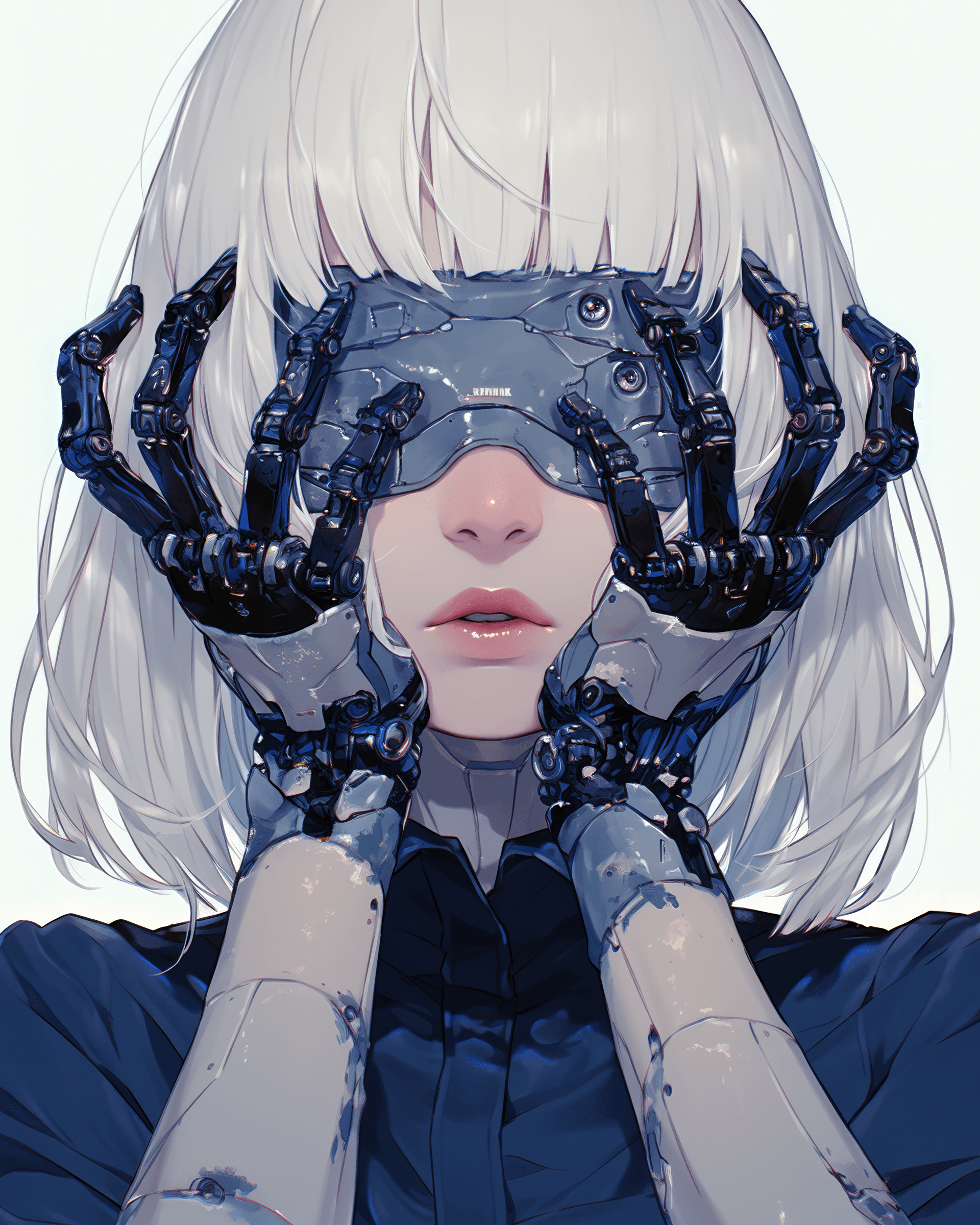 AI generated: A cute anime girl with white hair and bangs, wearing an eye mask that covers her eyes and nose, has ...