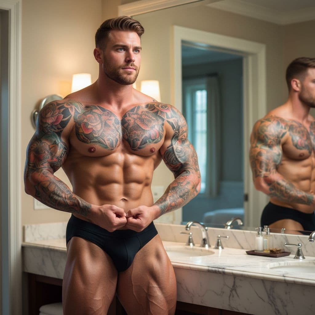 AI generated: A muscular heavyweight bodybuilder in his 20s, perfectly handsome with a strong, chiseled jawline, s...