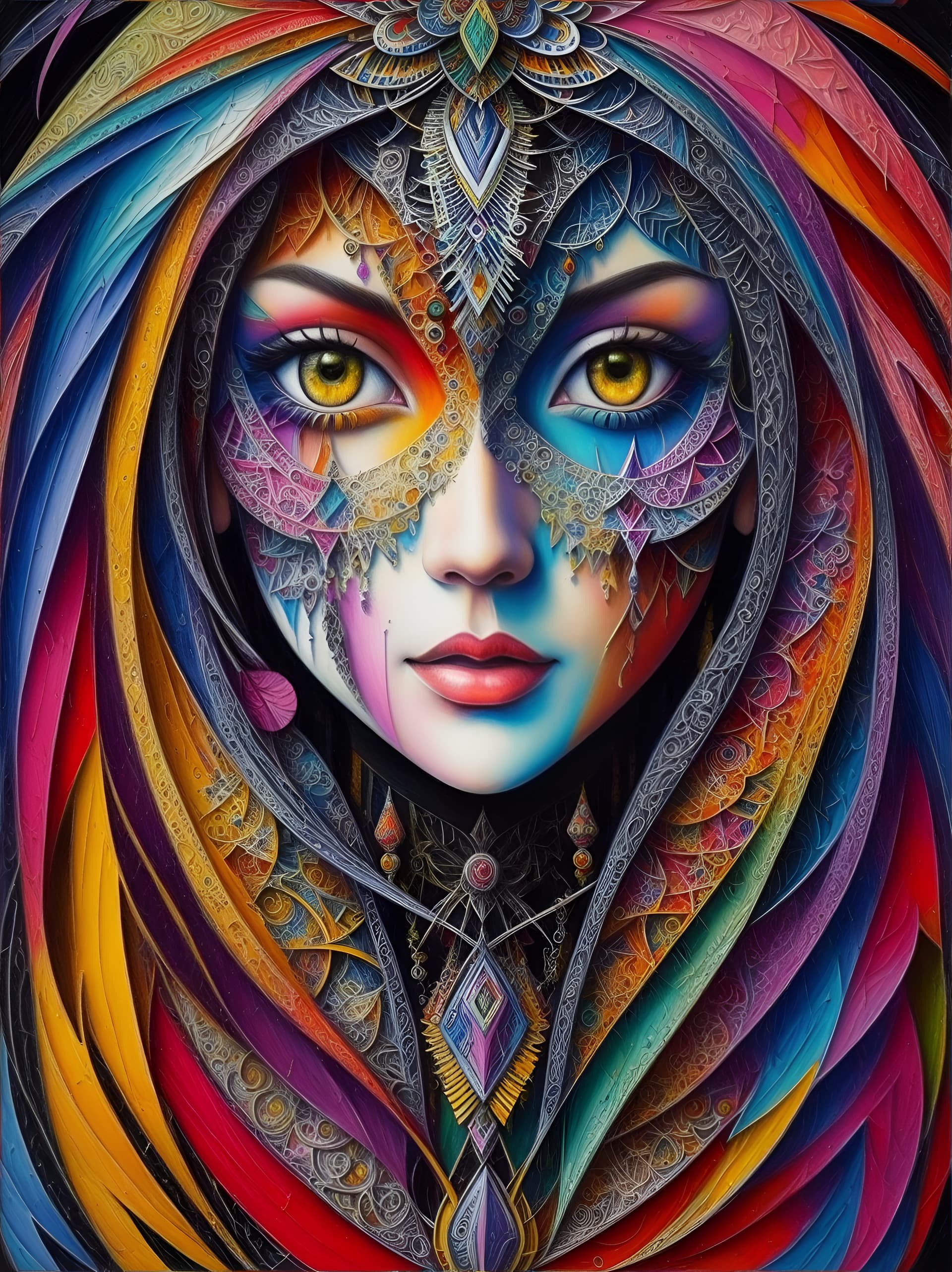 AI generated: (masterpiece), best quality, oil paint, close up, portrait, 1girl, abstact painting, multi color, ze...