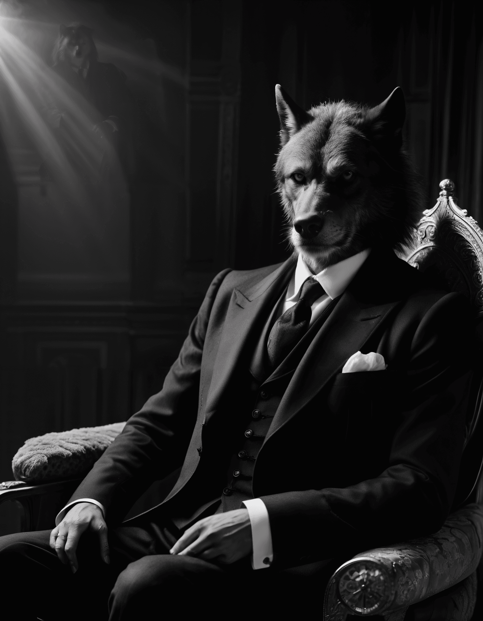 AI generated: B&W Photo , by Adolf Fassbender, goth werewolf, anthropomorphic, sharp focus, sitting on throne, in ...