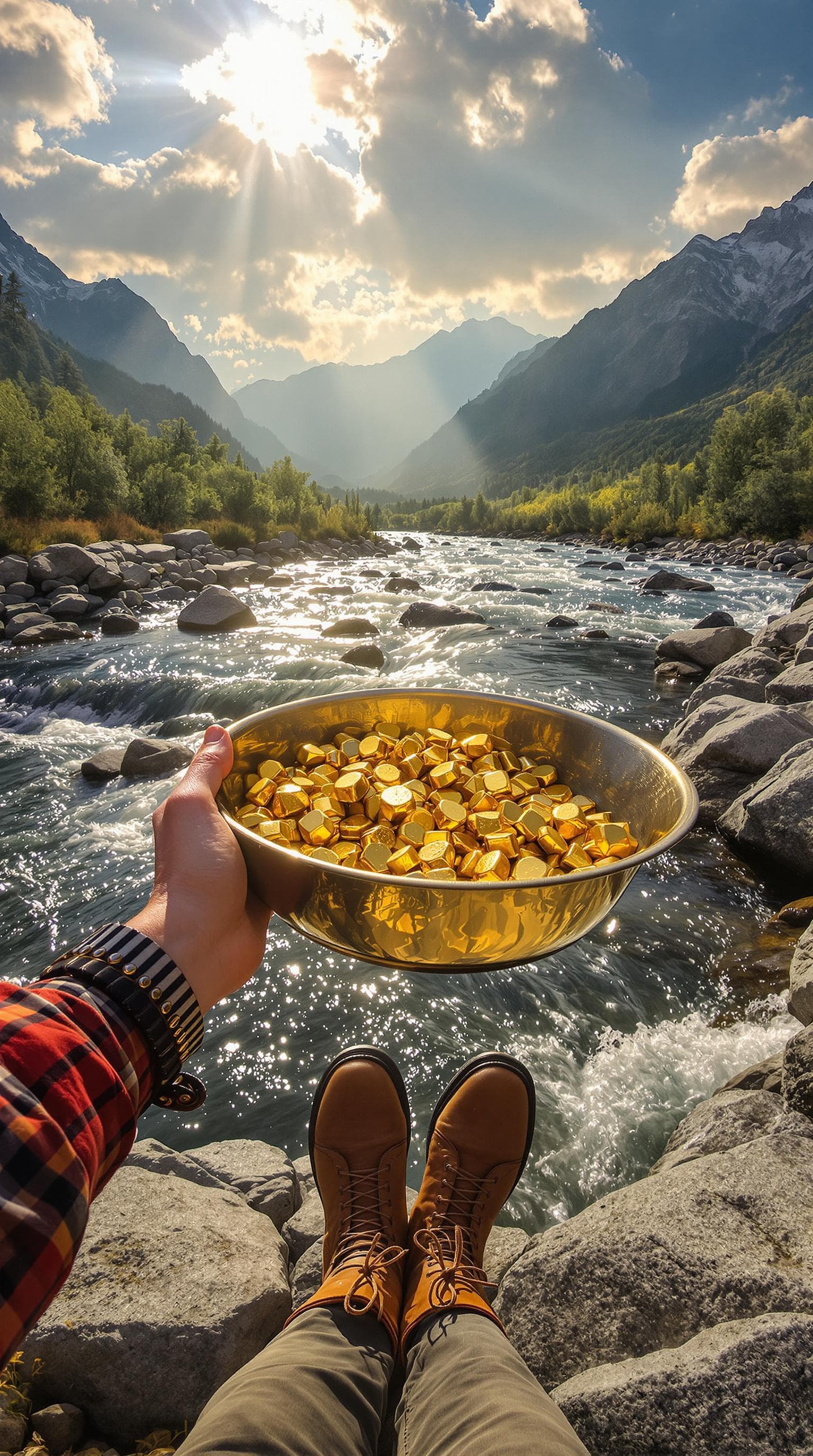 AI generated: first person girl  POV, hands holding gold pan with visible gold nuggets, her leather boots crossed ...