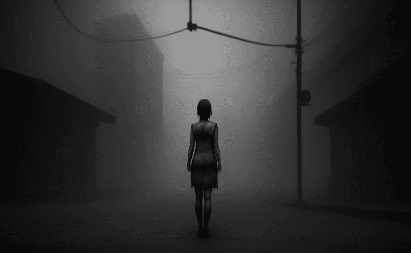 AI generated: woman standing, Silent Hill inspired, Fatal Frame, Versus 13, horror city background, smog, realisti...