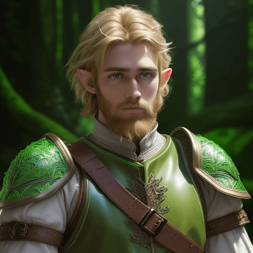 AI generated: high detailed professional upper body photo of a young half-elf with shaggy blonde beard and hair we...