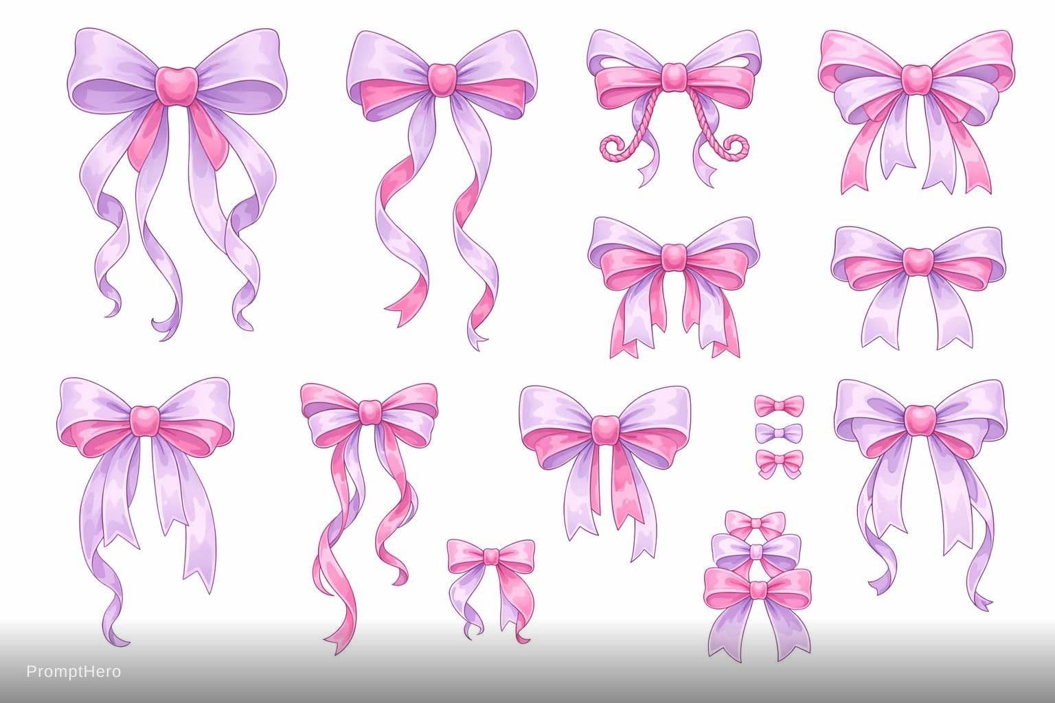 AI generated: Premium bows clipart 10 designs, thin linework + fills TWO colors: soft lavender pink (#E0BBE4) main...