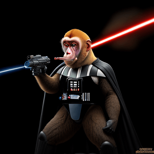 AI generated: Proboscis monkey dresses as Darth Vader shooting with a laser gun at a giant rat king