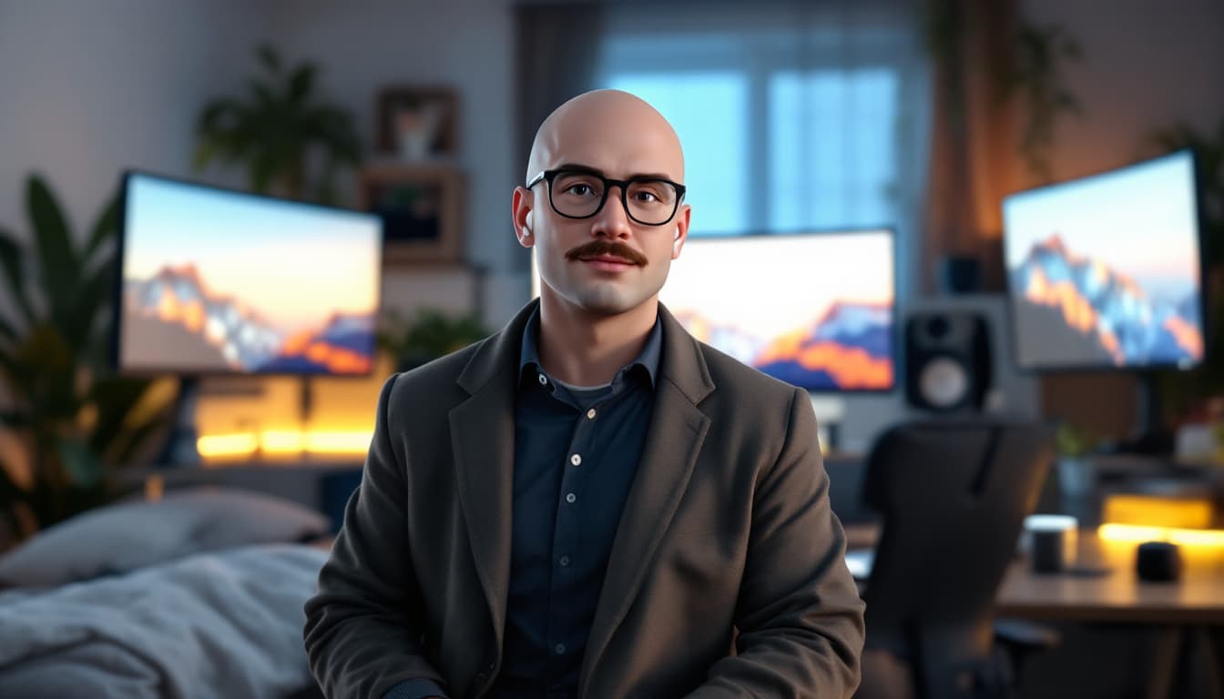 AI generated: Create a realistic male avatar with light skin, a large build, bald head (Buzz Cut hair), a mustache...