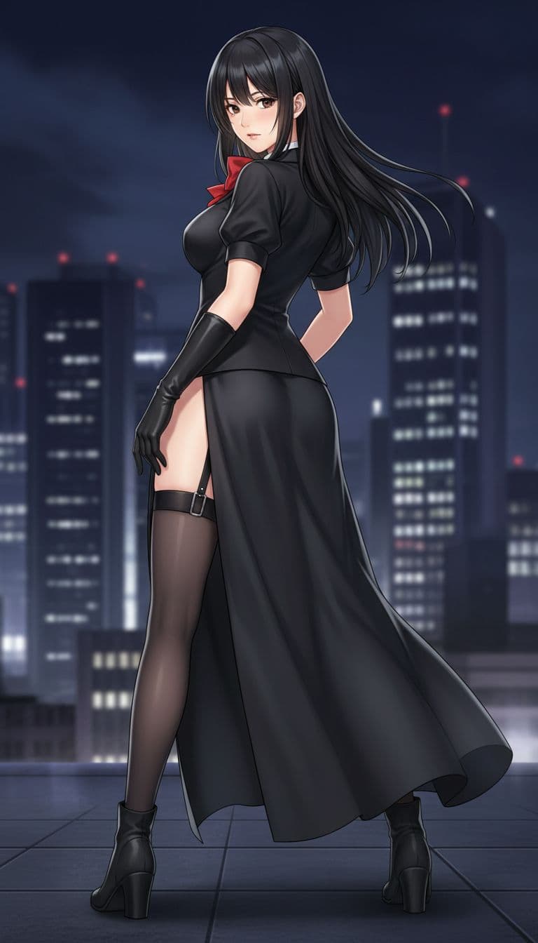 AI generated: 女性1人、夜景、夜の街、全身、<lora:KC_03HC_chikuma_pony:1> chikumakc、黒髪、ロングヘア、茶色の目、chikumakaikc、black_jacket、半袖、赤...