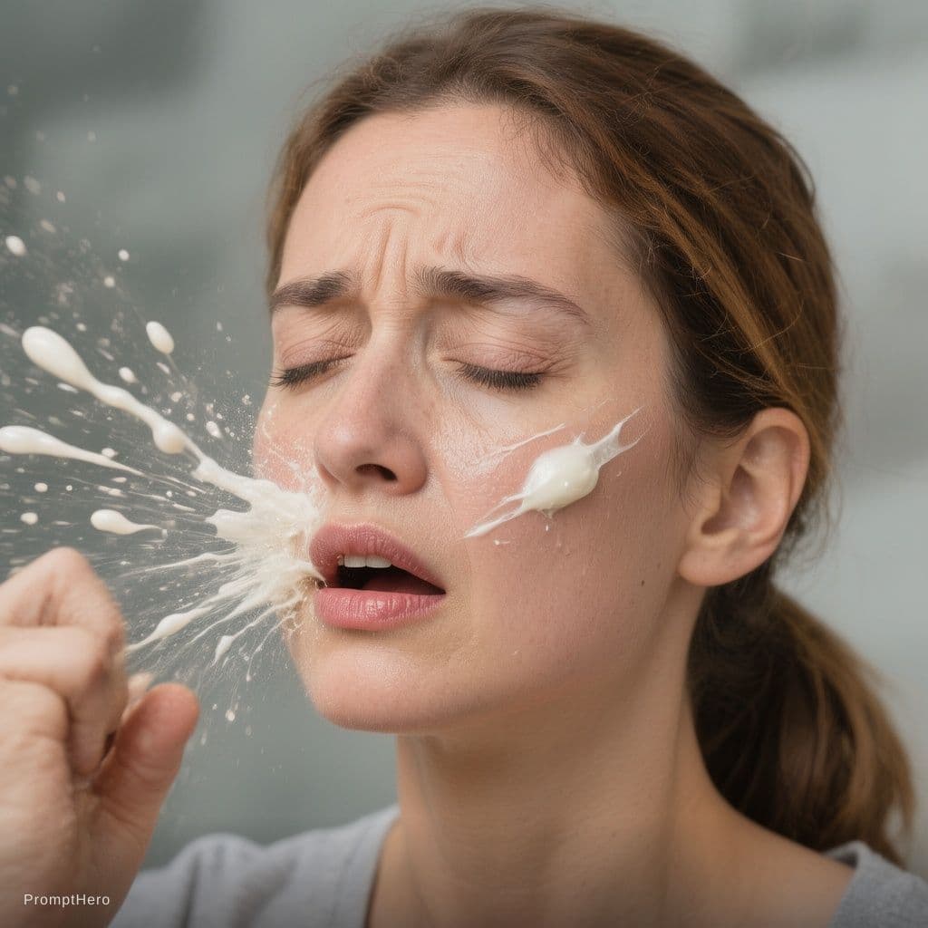 AI generated: stickers stay still, few drops of white and sticky substance instantly shoot on woman face by skin c...