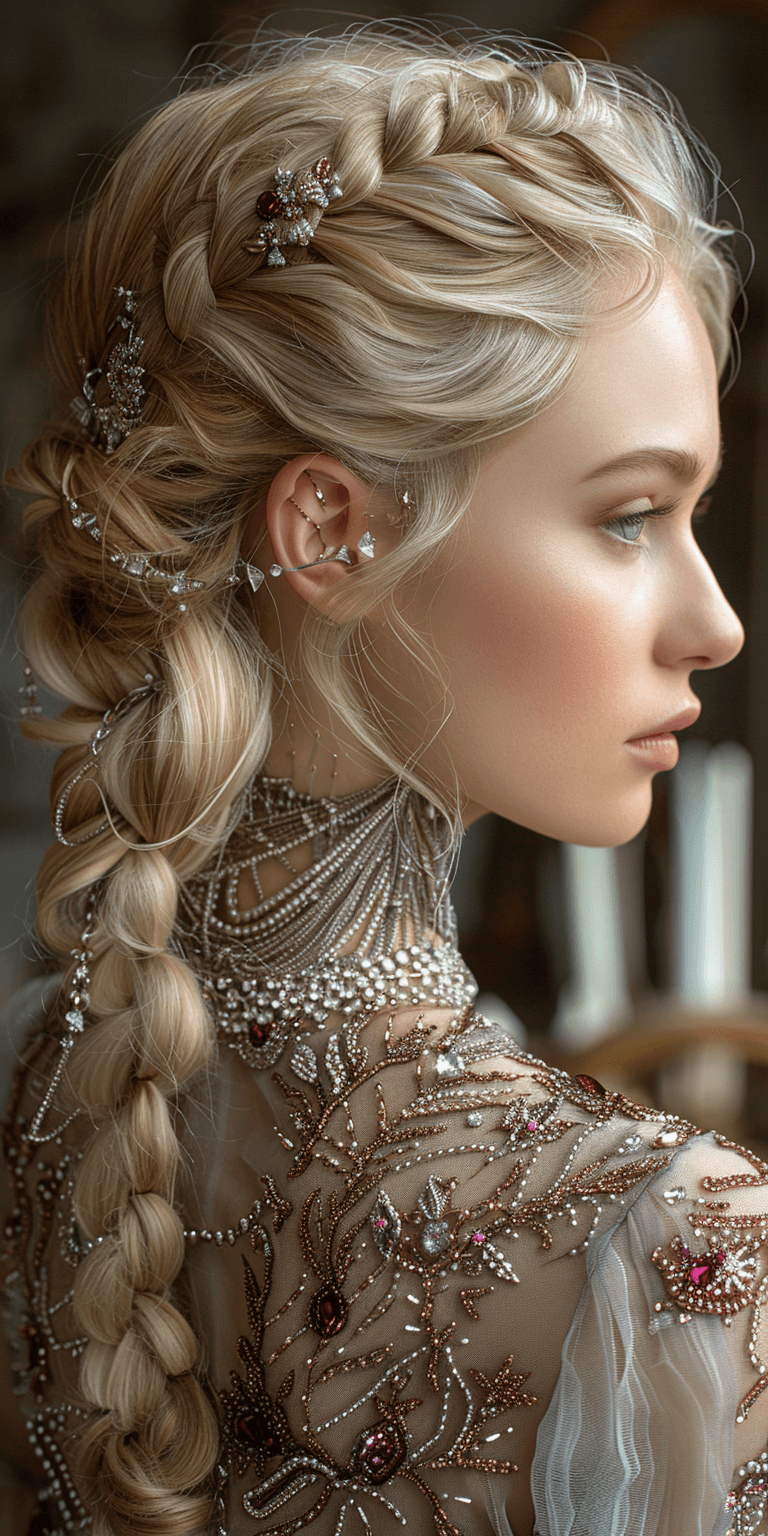 AI generated: A beautiful blonde woman with braided hair adorned in silver chains and jewels is seen from behind, ...
