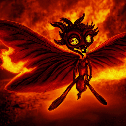 AI generated: A chibi tiny winged fire demon with tail on a boat, in hell on a river of blood, horror film by tim ...