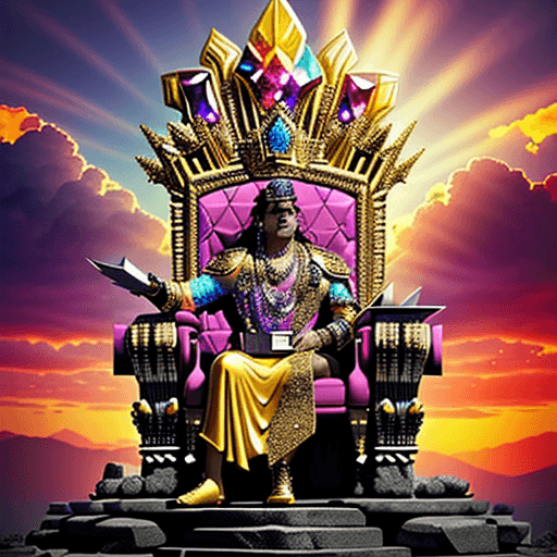 AI generated: photo  realistic eye level throne encrusted with jewels, on top of a stone megalith. sparkling in th...