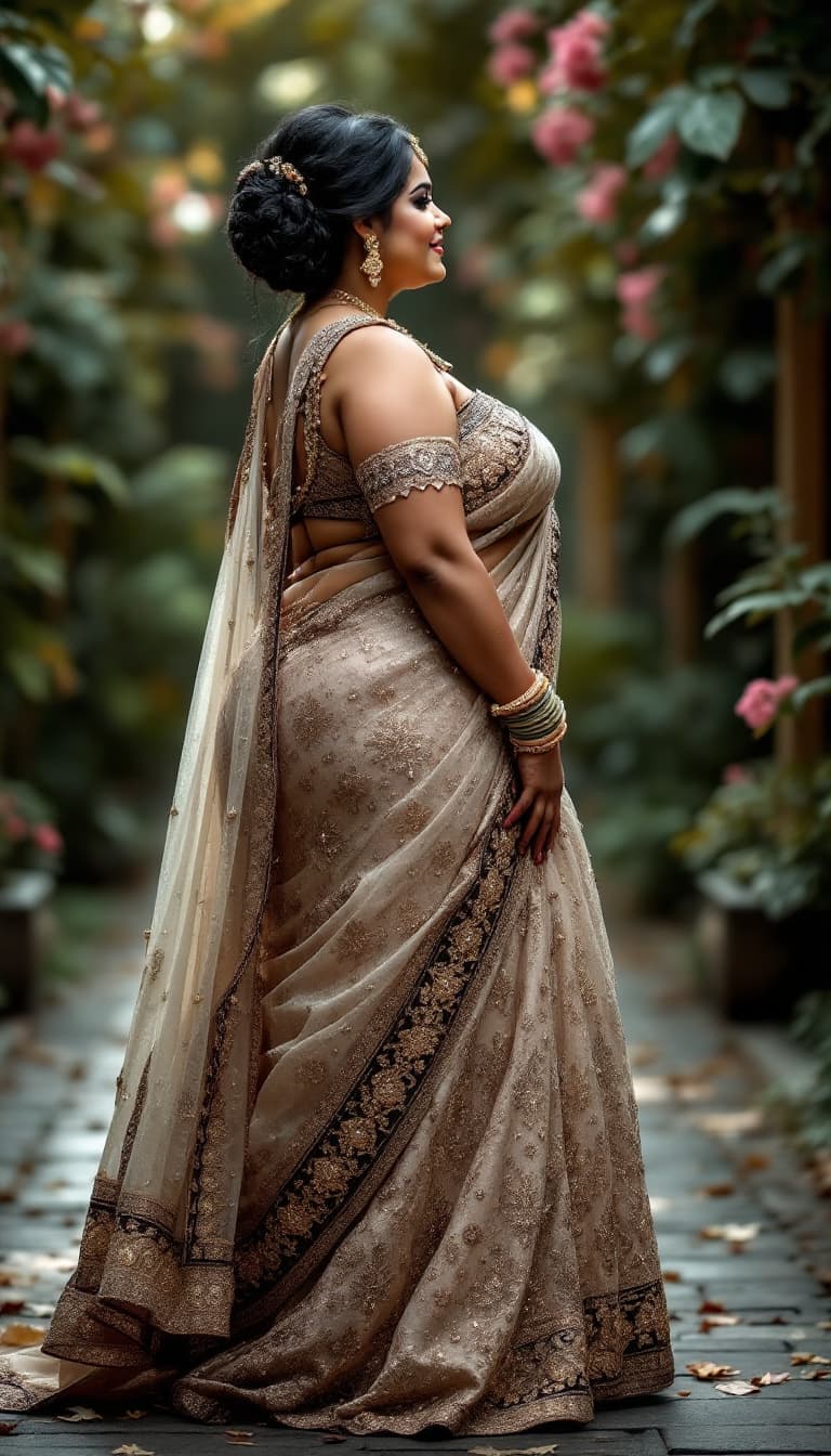 AI generated: full body  plus size Indian bride woman big ass  without blouse undergarments, tight full front view...