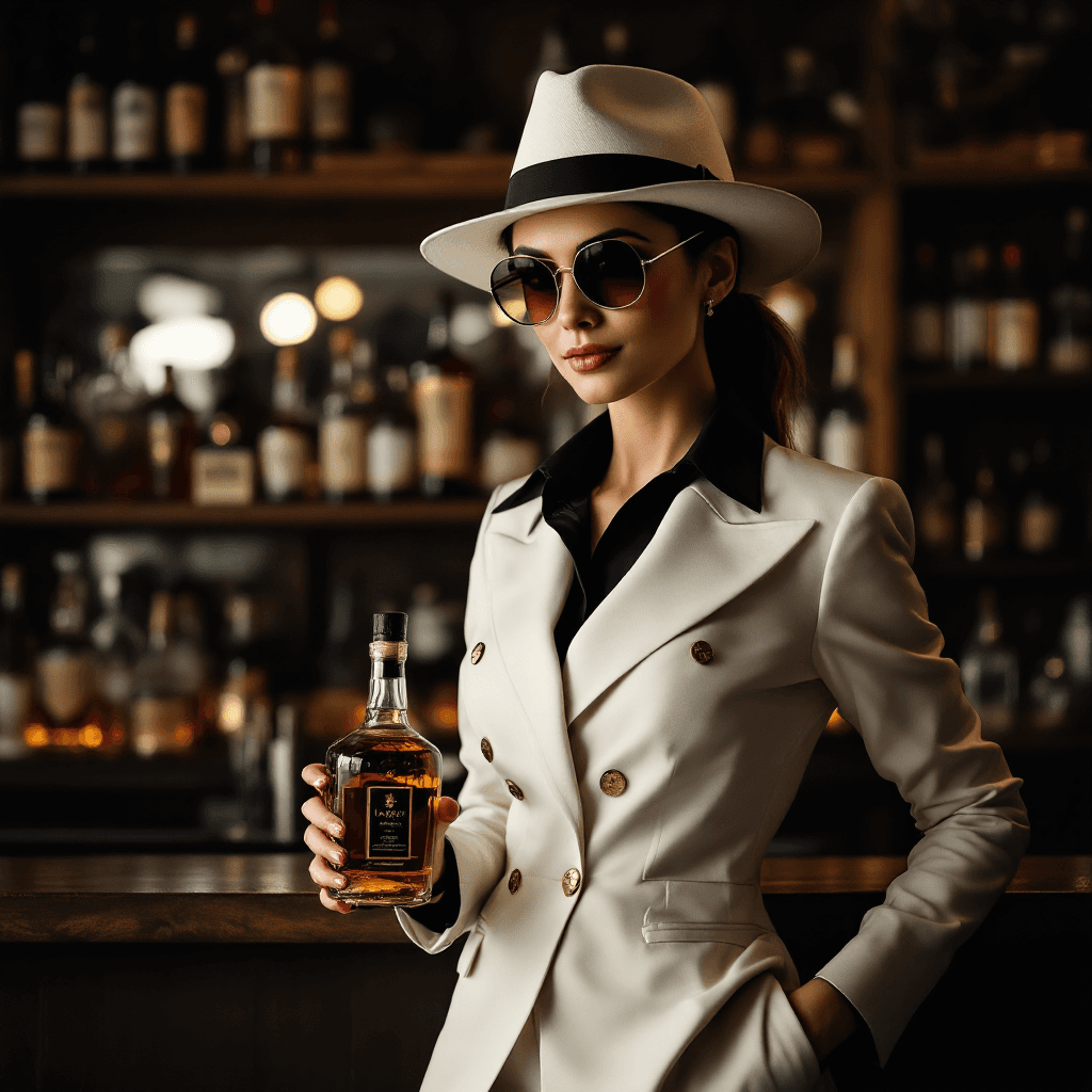 AI generated: Make me a artistic styled image of an elegant woman in a white suit and black shirt, wearing sunglas...