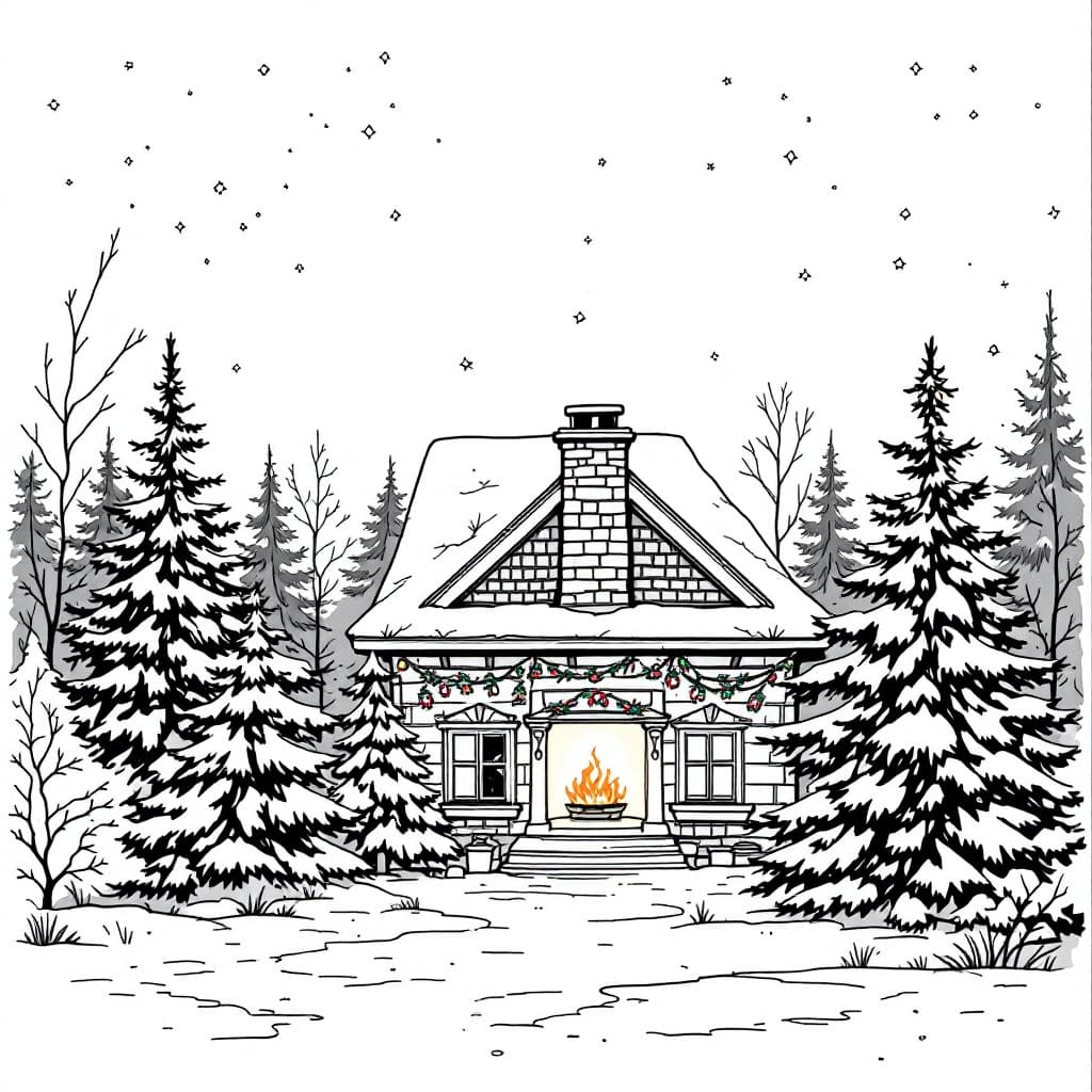 AI generated: Christmas, modern flat with chimney, coloring page , white and black