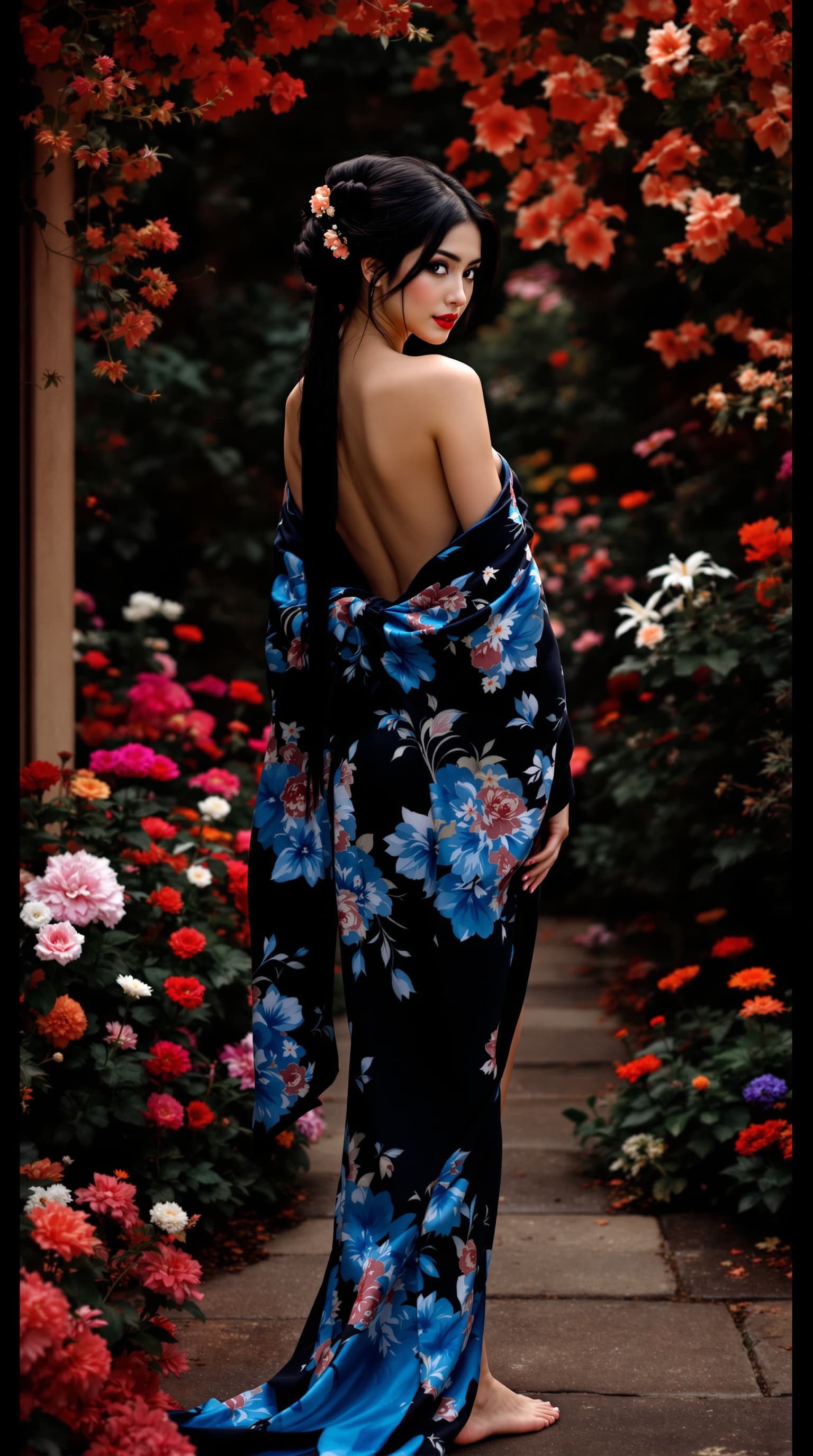 AI generated: Full-length view. A beautiful and stunning Asian woman in a very short blue and black kimono, partia...