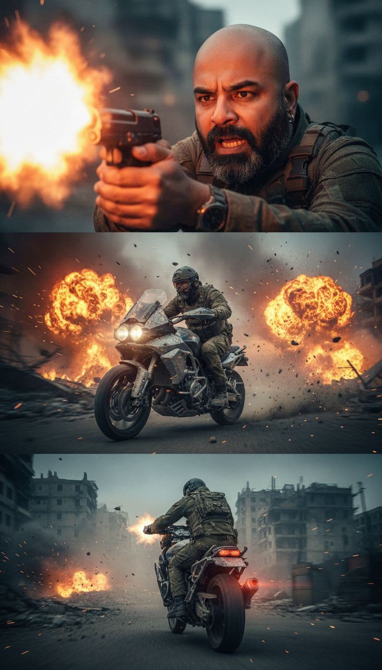 AI generated: ""Start with a close-up on the man's determined face as he fires the gun, muzzle flash illuminating ...