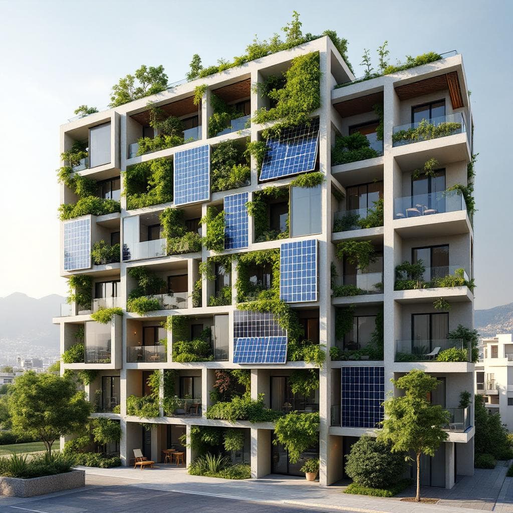 AI generated: An athenian block of buildings in Greece where there are vertical solar panels forming different geo...