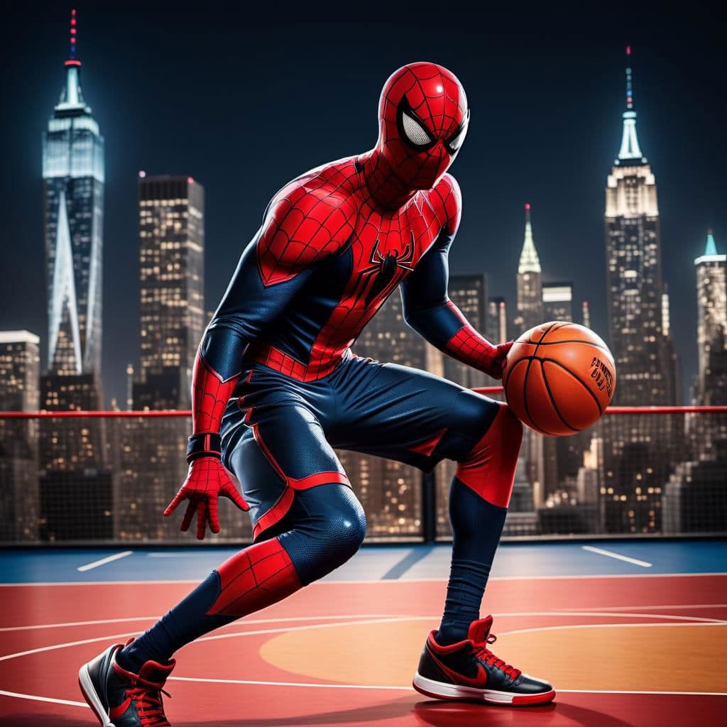 AI generated: highest quality action photo, spiderman playing basketball, textured suit, slam dunk, michael jordan...