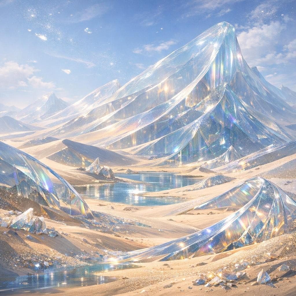 AI generated: Create a unique environment/Biome of a Sand → The Glass Dunes (shimmering deserts)
