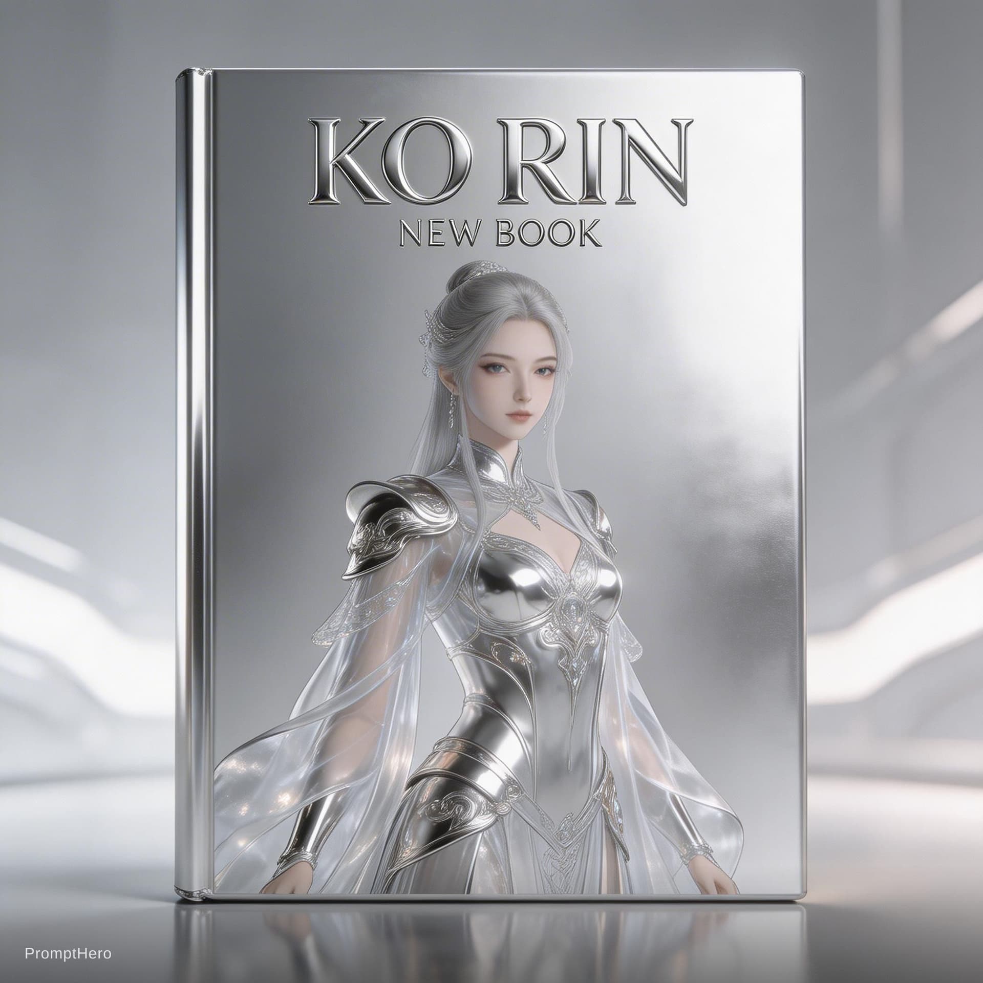 AI generated: ko rin's new book in a silver, in the style of futuristic glamour, official art, unreal engine 5, go...