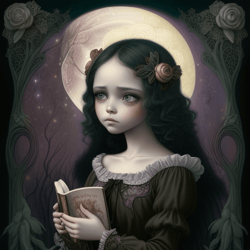 AI generated: Pintura romántica, Prerrafaelitas, otoño, sauce llorón, acantilado, libros volando, noche, luz de lu...