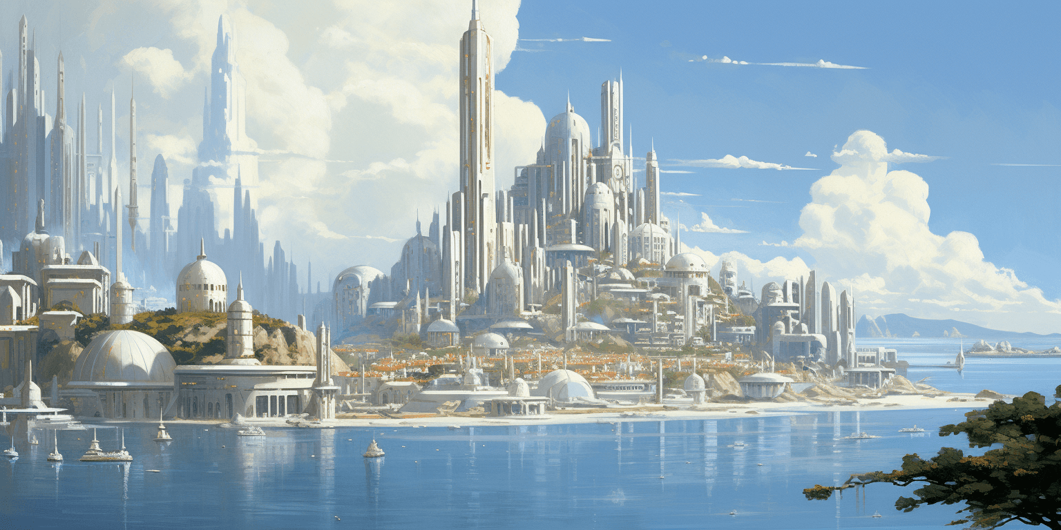 AI generated: A futuristic city with white buildings and towers on the coast, in the style of Ralph McQuarrie. --a...