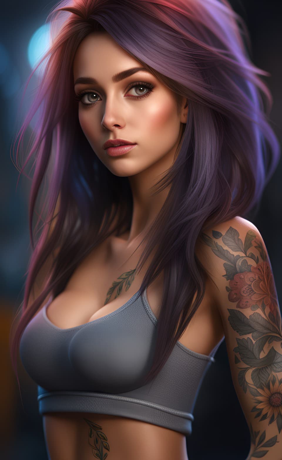 AI generated: An attractive three quarter body portrait of a cyberpunk Female, long flowy messy hair, flower tatto...