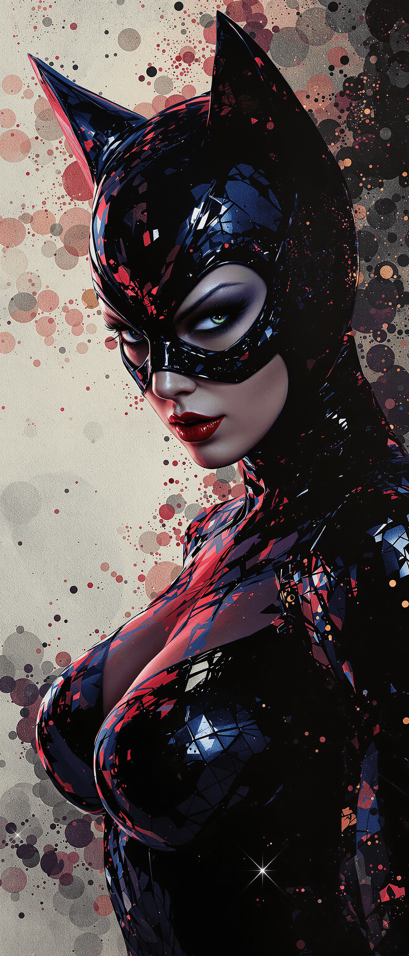 AI generated: A photorealistic, high-angle half-body shot of Catwoman, portrayed in an overexposed, dynamic pose. ...