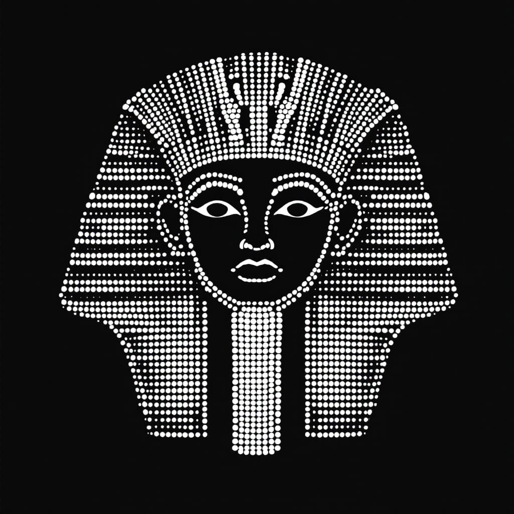 AI generated: Simple white dotted dots forming the shape of King Ramses' face, flat design, vector illustration, o...