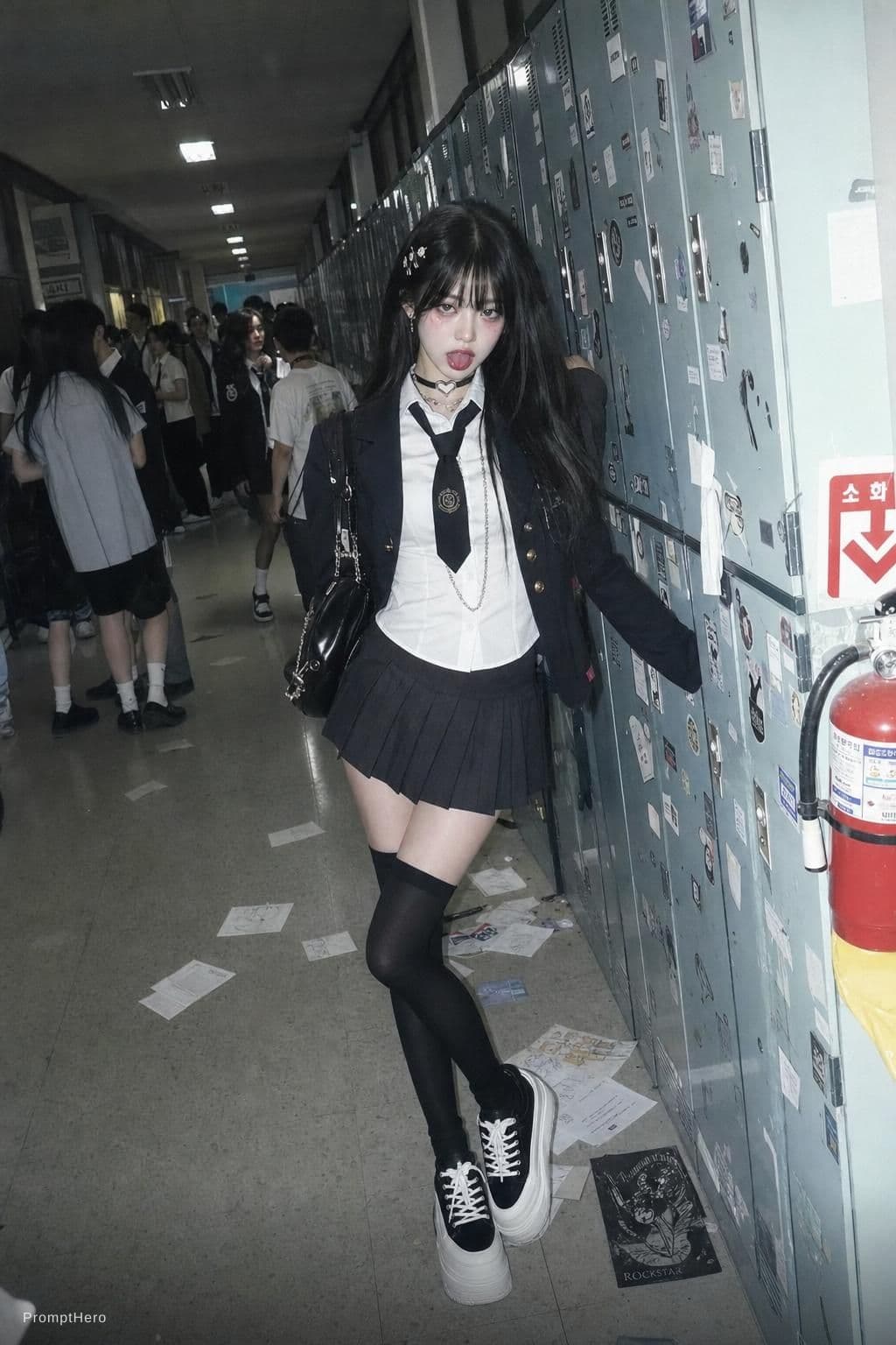 AI generated: Photo-realistic, grungy analog-style photo of a beautiful emo [장원영] with a small, slightly muscled h...