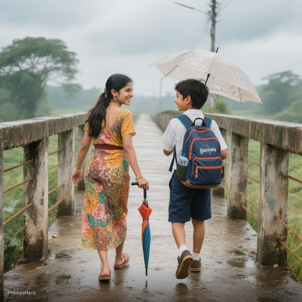 AI generated: kerala mother 28 years old and cute baby boy going to school. Mother is in saree and boy is in schoo...