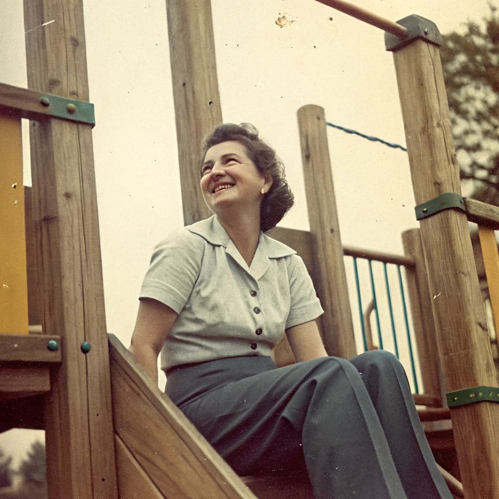 AI generated: A woman sits on a wooden outdoor playground structure, her expression relaxed and smiling,  showing ...