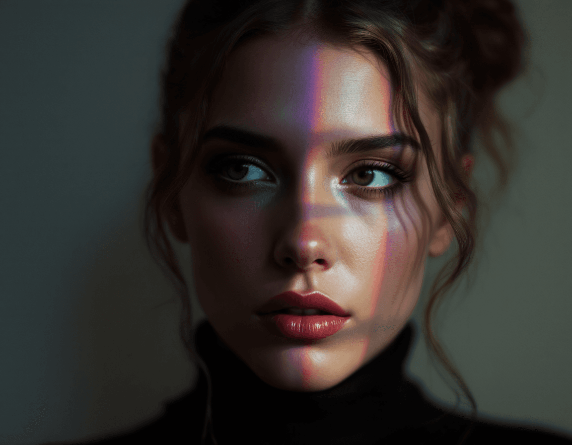 AI generated: A colorful portrait of a person exuding mystery. Soft shadows and highlights accentuate their face, ...