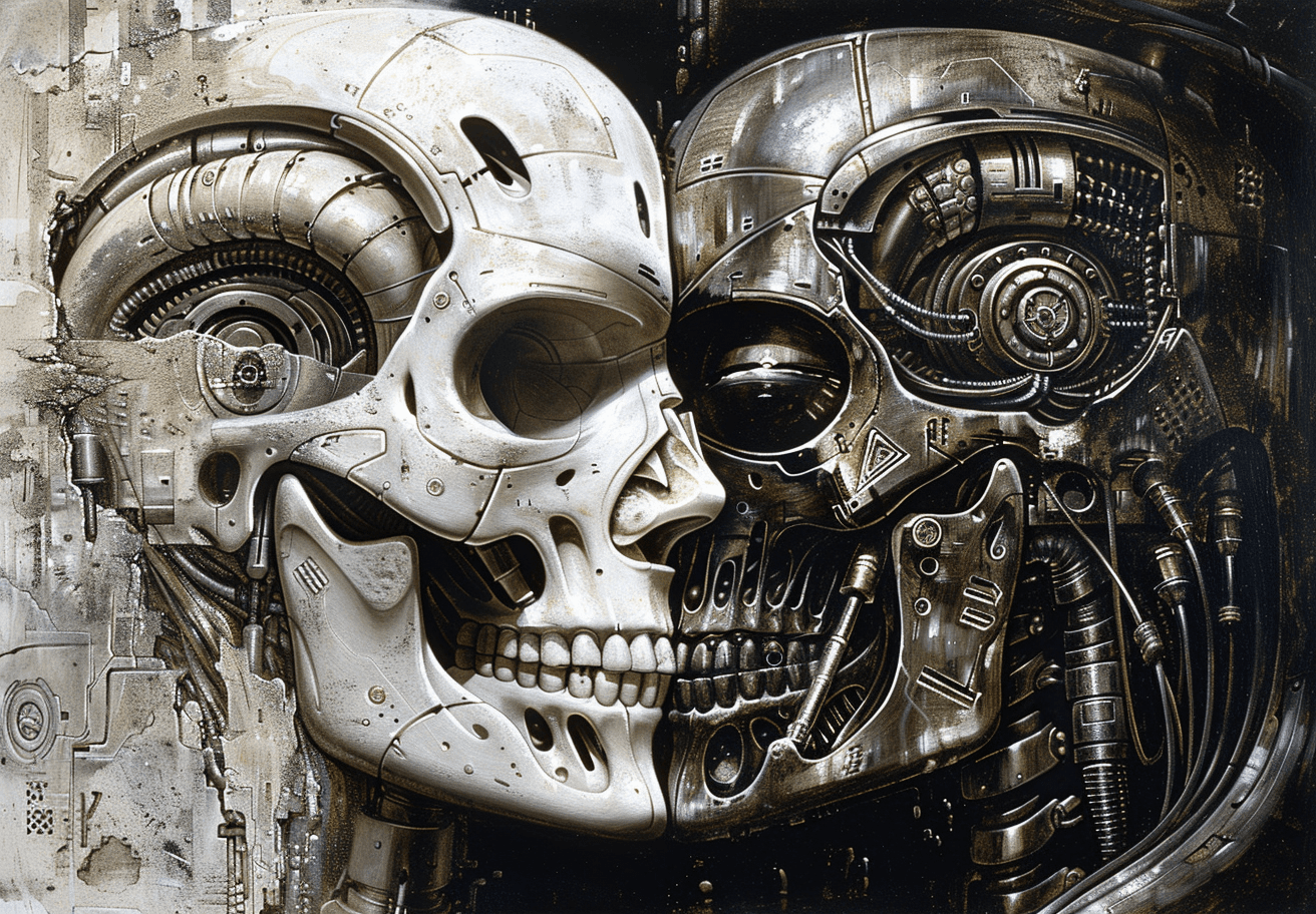 AI generated: Hr Giger's painting depicting half robot face half skull, silver and black color palette, highly det...