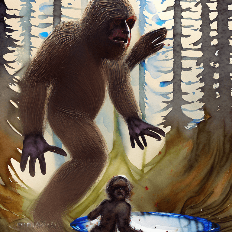 AI generated: High resolution Sasquatch protecting cubs from humans hunters in the dense forests of oregon. splutt...