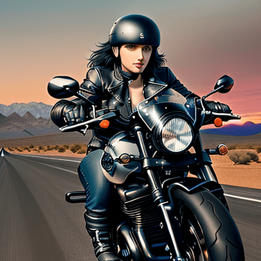 AI generated: An animated black and white border collie riding a motorcycle, (1 character) dressed in black leathe...