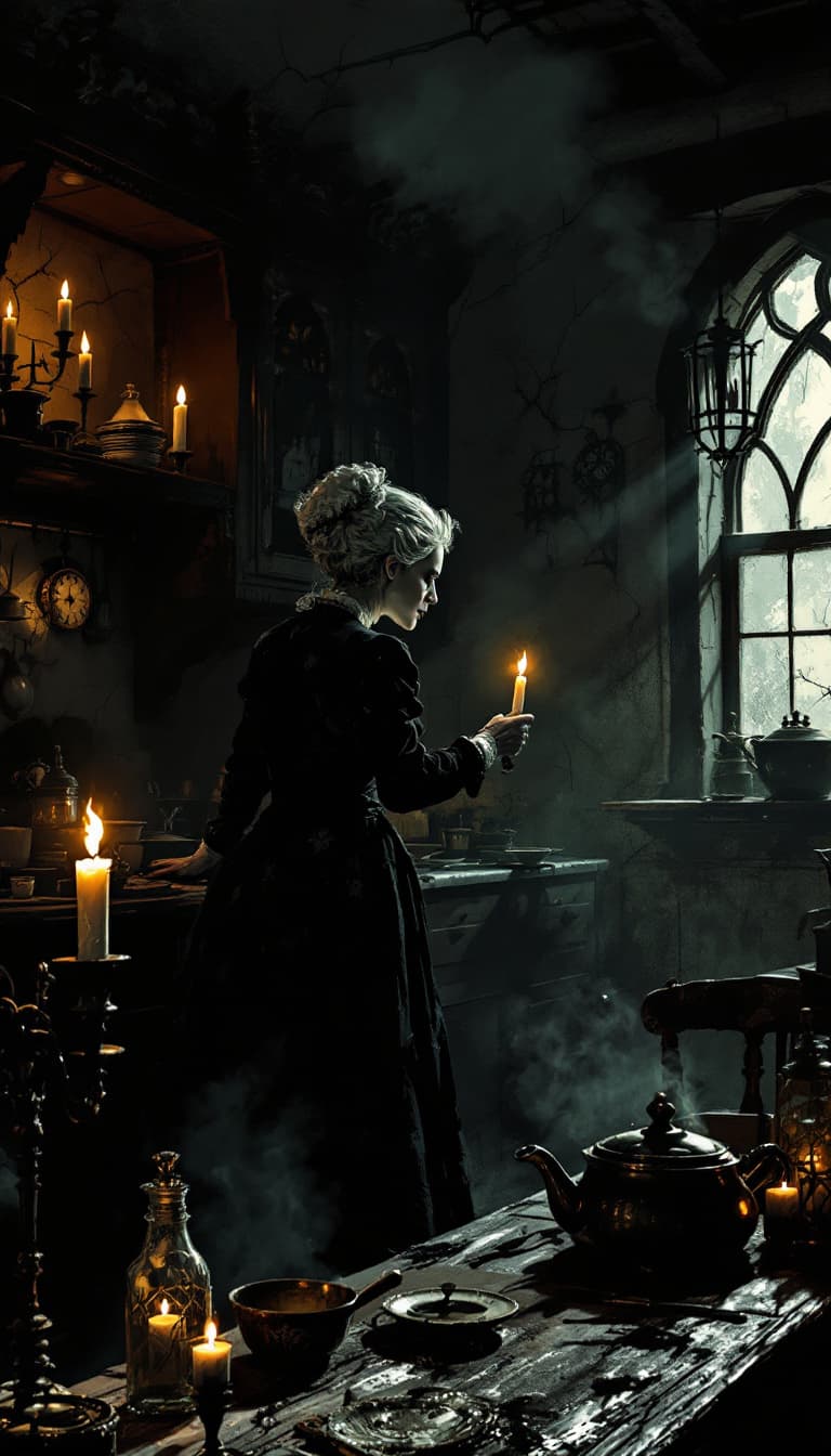 AI generated: In a dimly lit Victorian kitchen, the stern and imposing over 50's Victorian Lady confronts her youn...